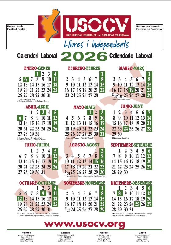 CALENDARIO LABORAL 2026, COMUNITAT VALENCIANA